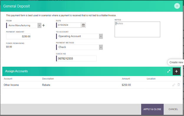 Enter non-client related deposits in Caret Legal